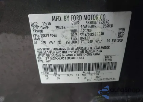 2011 Ford Edge Sel из США, поврежденный, VIN 2FMDK4JC9BBA63784